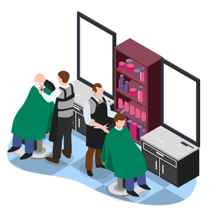 Barbers doing male haircut in barbershop isometric 3d vector illustration concept for banner, website, illustration, landing page, flyer, etc.のイラスト素材