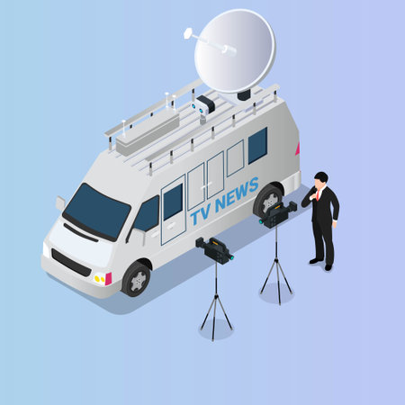 Television vehicle with satellite antenna for live news broadcast isometric 3d vector illustration concept for banner, website, illustration, landing page, flyer, etc.のイラスト素材