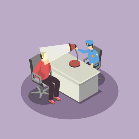 Criminal interrogation by detective police officer isometric 3d vector illustration concept for banner, website, illustration, landing page, flyer, etc.のイラスト素材