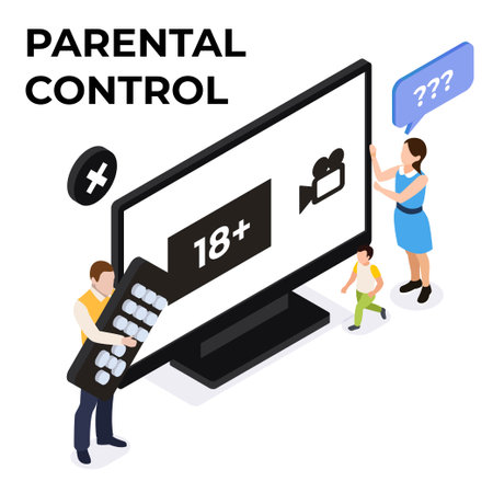 Father holds TV remote control forbid kids watching 18 plus media content isometric 3d vector illustration concept for banner, website, illustration, landing page, flyer, etc.のイラスト素材