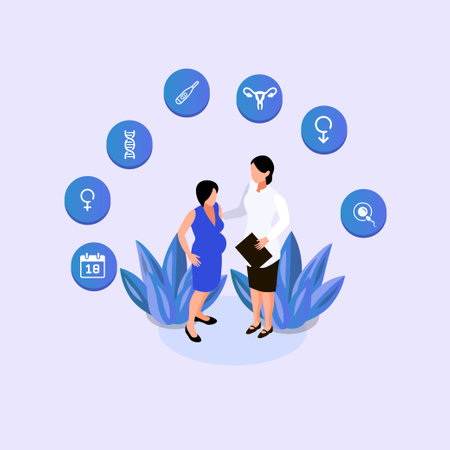 Pregnant woman visiting doctor at maternity hospital isometric 3d vector illustration concept for banner, website, illustration, landing page, flyer, etc.のイラスト素材