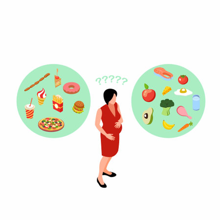 Choosing healthy and unhealthy food during pregnancy isometric 3d vector illustration concept for banner, website, illustration, landing page, flyer, etc.のイラスト素材