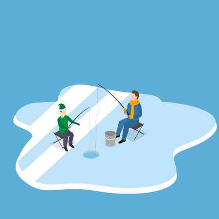 Two men go fishing on the ice through a hole isometric 3d vector illustration concept for banner, website, illustration, landing page, flyer, etc.のイラスト素材