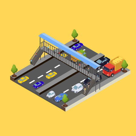 Crowded road with footbridge isometric 3d vector illustration concept for banner, website, illustration, landing page, flyer, etc.のイラスト素材