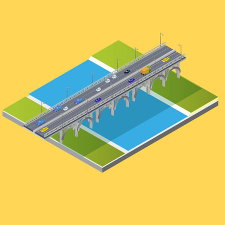 Vehicles passing bridge isometric 3d vector illustration concept for banner, website, illustration, landing page, flyer, etc.のイラスト素材