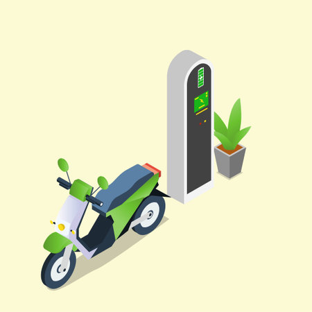 Electric motorcycle charging in the station isometric 3d vector illustration concept for banner, website, illustration, landing page, flyer, etc.のイラスト素材