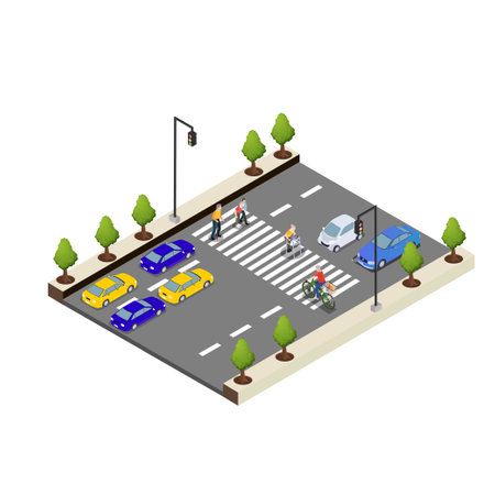 Crowded road with a zebra crossing isometric 3d vector illustration concept for banner, website, illustration, landing page, flyer, etc.のイラスト素材