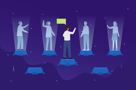 Man talking to a group of people through hologramsのイラスト素材