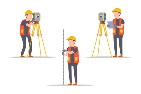 Three workers doing road construction measuring roadのイラスト素材