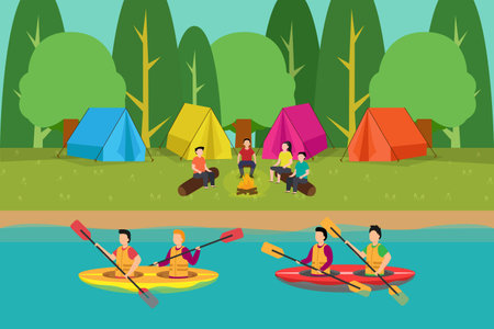 Group of people sitting near a camp fire while others go canoeingのイラスト素材