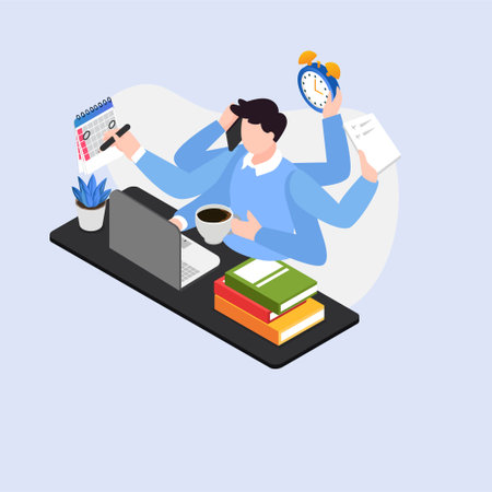 Businessman with many arms doing various things in the same timeのイラスト素材