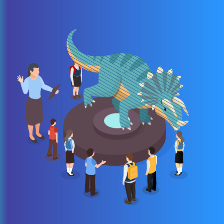 Children having a school field trip to look at Triceratops 3d vector illustrationのイラスト素材