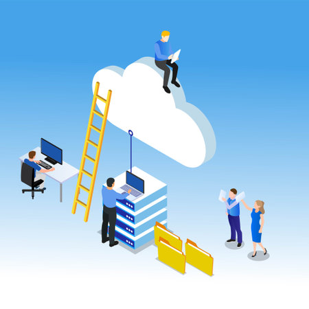 Cloud technology engineers and administrators isometric 3d vector illustration concept for banner, website, illustration, landing page, flyer, etc.のイラスト素材