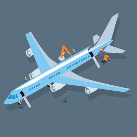 Airline workers and engineers maintain a plane before flight isometric 3d vector illustration concept for banner, website, illustration, landing page, flyer, etc.のイラスト素材