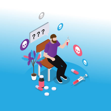 Broken male addict with syringe using heroin isometric 3d vector illustration concept for banner, website, illustration, landing page, flyer, etc.のイラスト素材