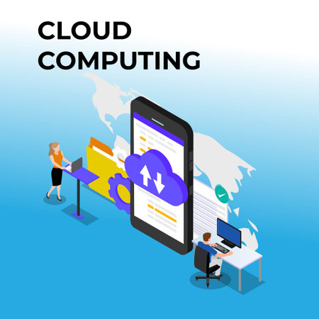 Upload and download cellphone Cloud computing isometric 3d vector illustration concept for banner, website, illustration, landing page, flyer, etc.のイラスト素材