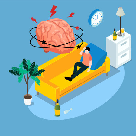 Brain of a hangover man sitting on sofa isometric 3d vector illustration concept for banner, website, illustration, landing page, flyer, etc.のイラスト素材