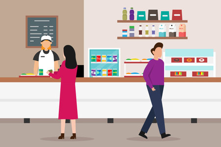 People buying food and beverages at a coffee shop or canteen 2d flat vector illustration concept for banner, website, illustration, landing page, flyer, etc.のイラスト素材