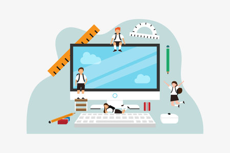 Students with a desktop computer 2d flat vector illustration concept for banner, website, illustration, landing page, flyer, etc.のイラスト素材