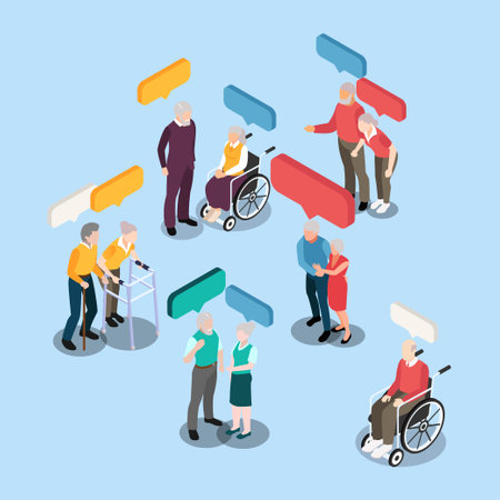 Bundle of disabled elderly people with chat bubble isometric 3d vector illustration concept for...