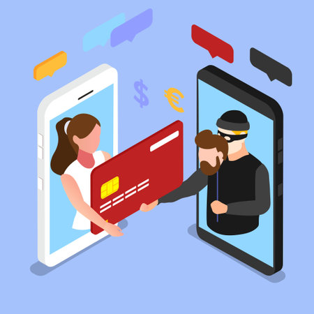 Woman on the phone screen and the scammer stealing a credit card isometric 3d vector illustration concept for banner, website, illustration, landing page, flyer, etc.のイラスト素材