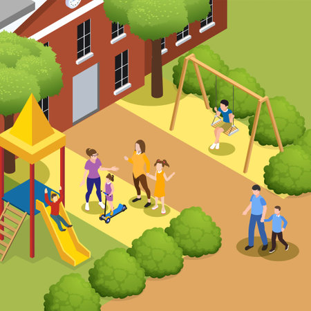 Parents collect children after lessons in preschool on summer day isometric 3d vector illustration concept for banner, website, illustration, landing page, flyer, etc.のイラスト素材