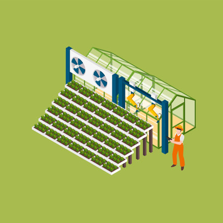 Smart farming - Farmer using mobile phone app to control robotic arm isometric 3d vector illustration concept for banner, website, illustration, landing page, flyer, etc.のイラスト素材