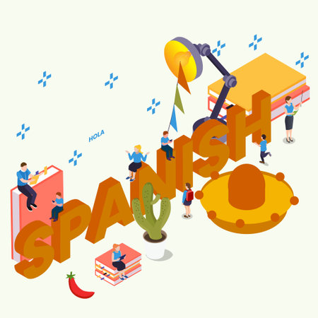 Learning spanish isometric 3d vector illustration concept for banner, website, illustration, landing page, flyer, etc.のイラスト素材