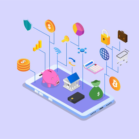 Internet mobile banking isometric 3d vector illustration concept for banner, website, illustration, landing page, flyer, etc.のイラスト素材