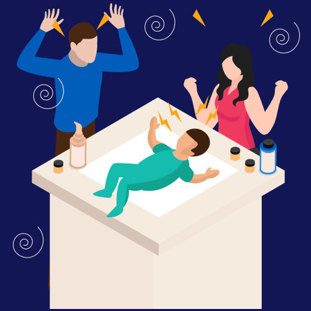 Parenthood Stress and Fatigue caused by crying baby - baby sleep problems isometric 3d vector illustration concept for banner, website, illustration, landing page, flyer, etc.のイラスト素材
