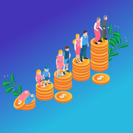 People generations with retirement money plan isometric 3d vector illustration concept for banner, website, illustration, landing page, flyer, etc.のイラスト素材