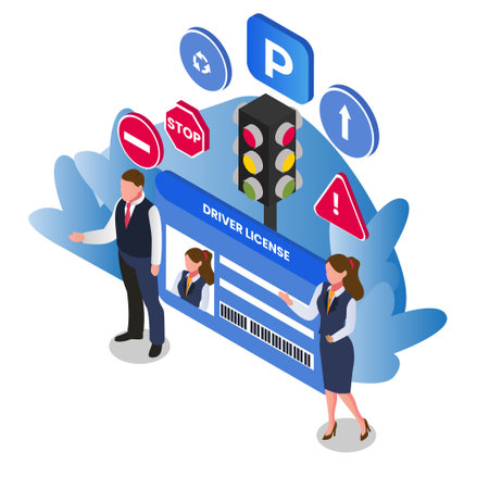 Male and female driver stading in front of driving license with roadsigns isometric 3d vector illustration conceptのイラスト素材