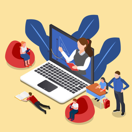 Online education - Learning math online on laptop isometric 3d vector illustration conceptのイラスト素材