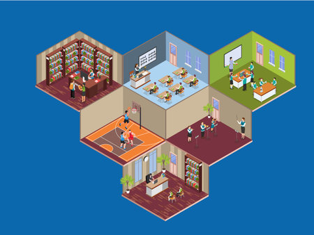 School classroom interior cells isometric 3d vector illustration concept - Set of library, math classromm, basketball court, science lab, headmistress and music roomのイラスト素材