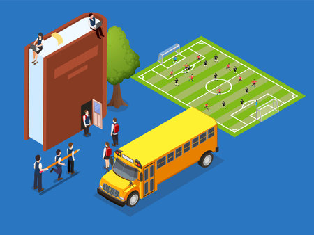 Back to school - school with soccer field and school bus isometric 3d vector illustration conceptのイラスト素材