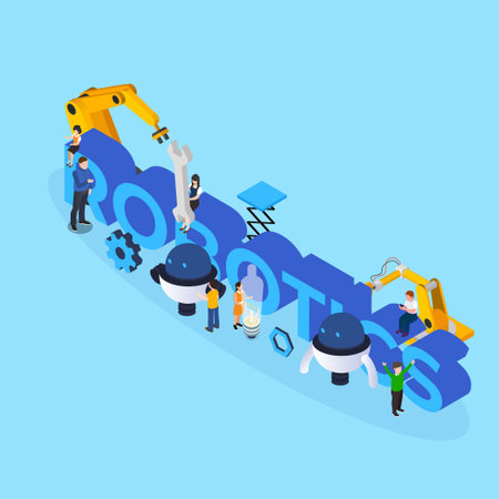 Robotics typographic - Students learn robotic programming isometric 3d vector illustration conceptのイラスト素材