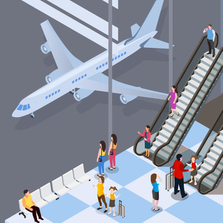 Airport passenger terminal and waiting room isometric 3d vector illustration concept for banner, website, illustration, landing page, template, etcのイラスト素材
