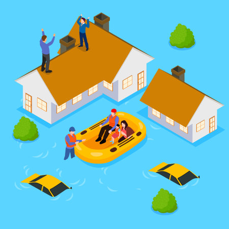 Flood rescue with inflatable boat isometric 3d vector illustration concept for banner, website, illustration, landing page, template, etcのイラスト素材