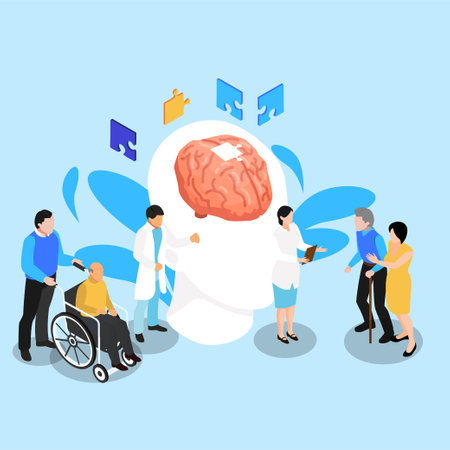 Doctors help elder patients with Alzheimer disease isometric 3d vector illustration concept for banner, website, illustration, landing page, template, etcのイラスト素材
