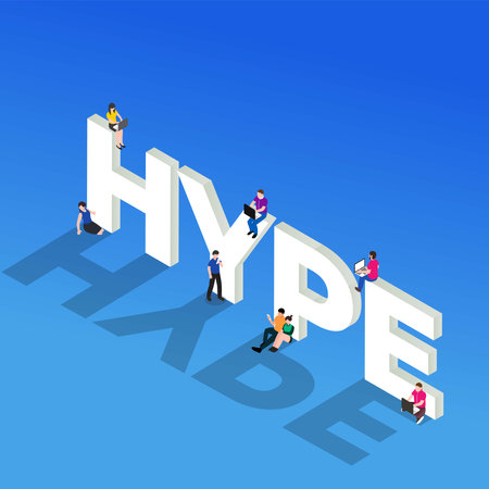 Hype - young people using laptop and smartphone following trends isometric 3d vector illustration concept for banner, website, illustration, landing page, template, etcのイラスト素材