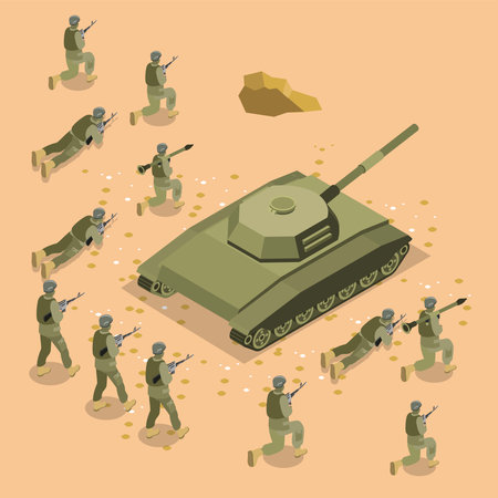 Military - Soldier and tank marching isometric 3d vector illustration concept for banner, website, illustration, landing page, template, etcのイラスト素材