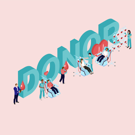 World blood day - Volunteers donating blood isometric 3d vector illustration for banner, website, illustration, landing page, template, etcのイラスト素材