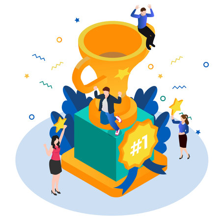 Happy first winning team with gold trophy isometric 3d vector illustration for banner, website, illustration, landing page, template, etcのイラスト素材