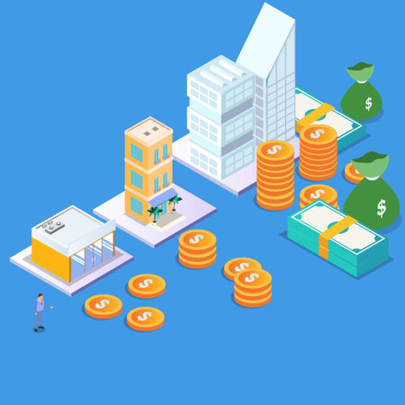 Business growth - from small business to big company isometric 3d vector concept for banner, website, illustration, landing page, flyer, etc.のイラスト素材