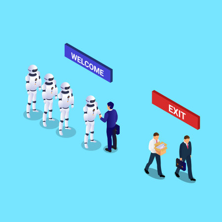 Business manager greets robots which will replace human workers isometric 3d vector concept for...