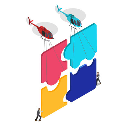 Businessman working together solving a huge puzzle isometric 3d vector concept for banner, website, illustration, landing page, flyer, etc.のイラスト素材