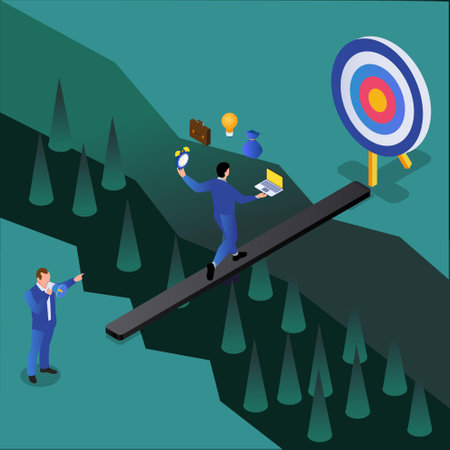 Businessman crossing a bridge while juggling and commanded by his boss toward bullseye isometric 3d vector concept for banner, website, illustration, landing page, flyer, etc.のイラスト素材