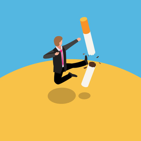 Young man kicking a cigarette to quit smoking isometric 3d vector concept for banner, website, illustration, landing page, flyer, etc.のイラスト素材