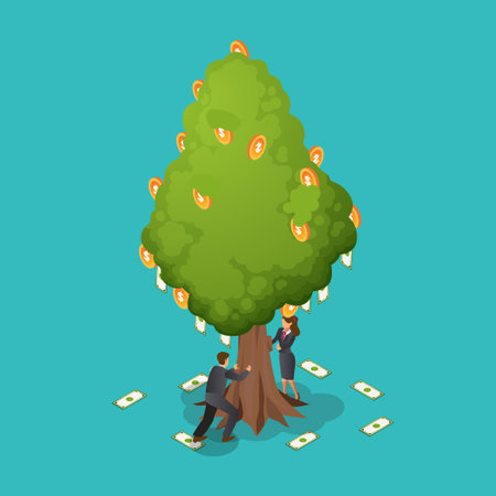 Business people taking profit out of an investment tree isometric 3d vector concept for banner, website, illustration, landing page, flyer, etc.のイラスト素材