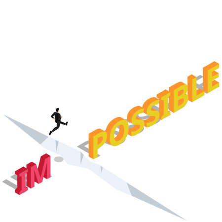Businessman jumping over a gap with Im Possible word isometric 3d vector concept for banner, website, illustration, landing page, flyer, etc.のイラスト素材